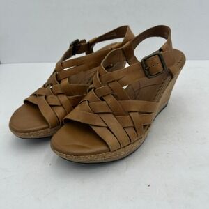 Indigo by Clarks Tan Brown Woven Leather Cork Wedge Sandals Womens 10M‎ Boho